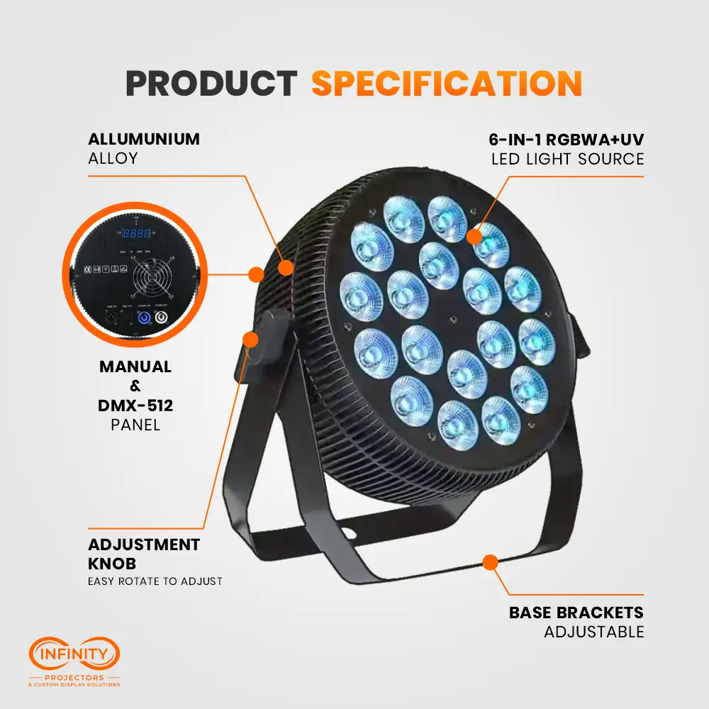 Spec diagram of 6-in-1 LED par can uplight highlighting aluminum body, DMX-512 panel, adjustment knob and base brackets