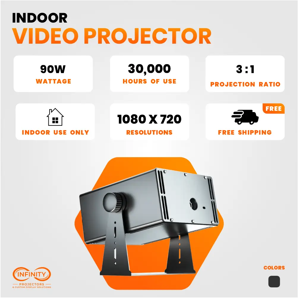 Spec infographic listing 90W wattage, 30,000-hour LED, 3:1 projection ratio and 1080x720 resolution