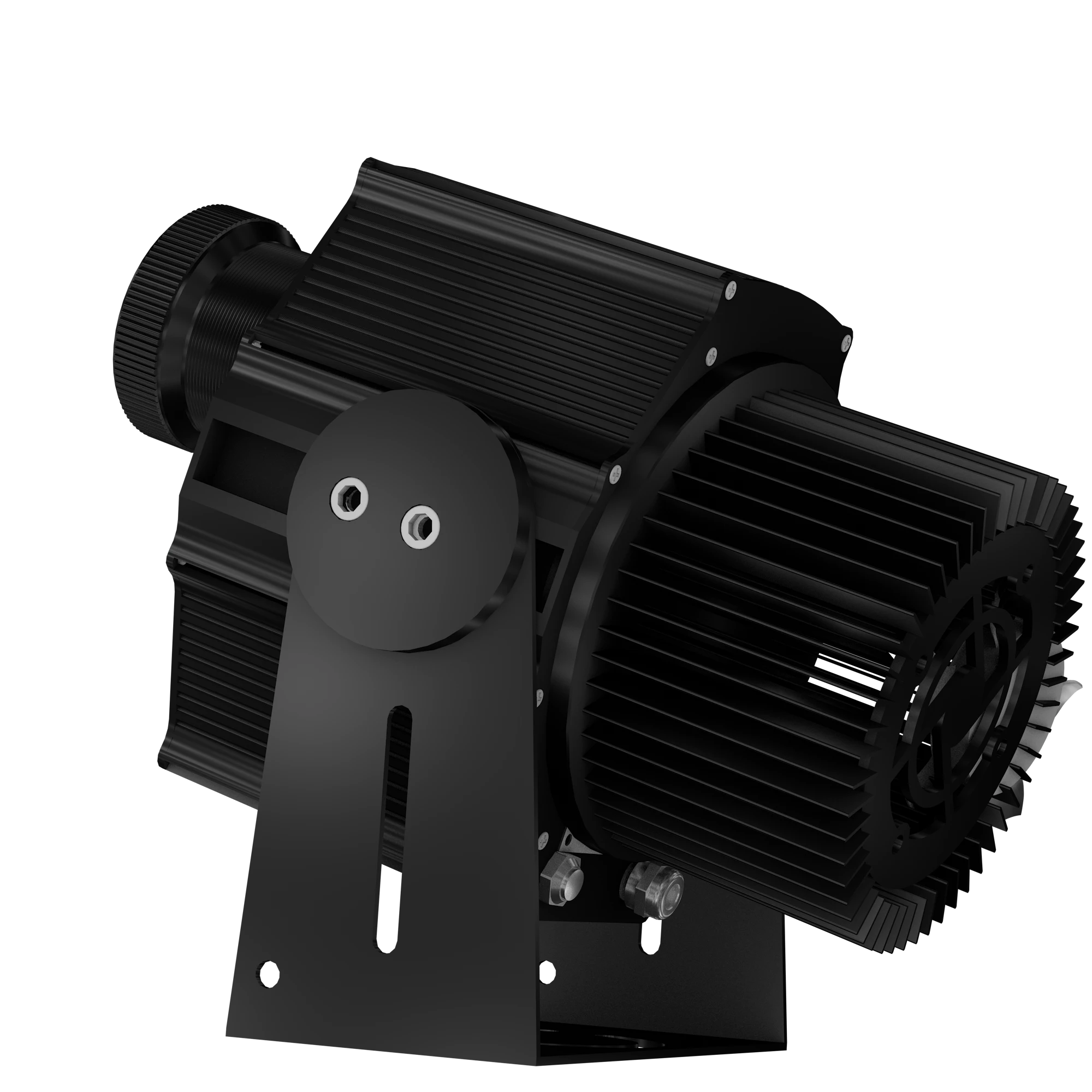 Infinity LY-Pro compact gobo projector, angled view showing heat-dissipation fins, black finish