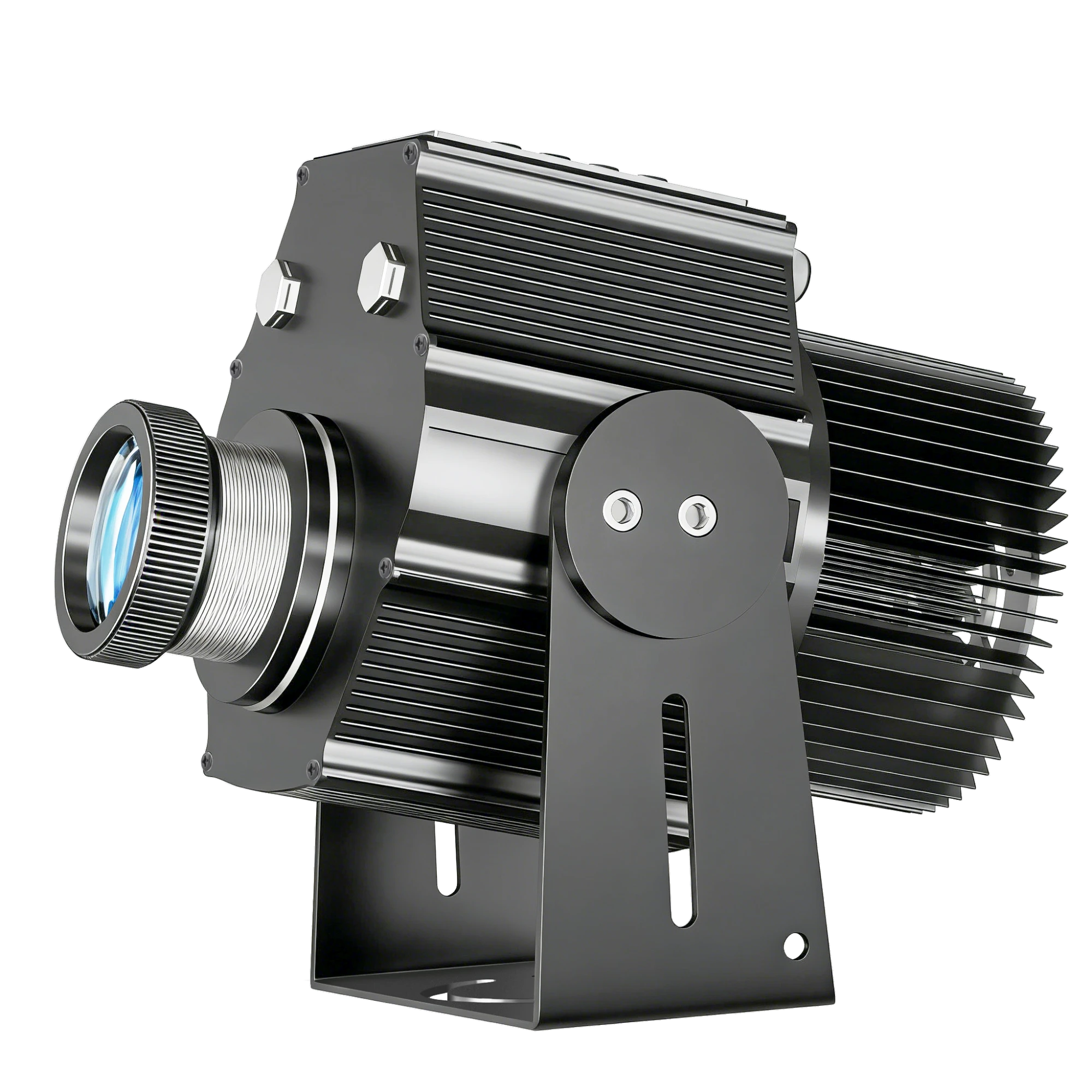 Infinity LY-Pro compact gobo projector, angled view with lens glass detail, silver and black finish