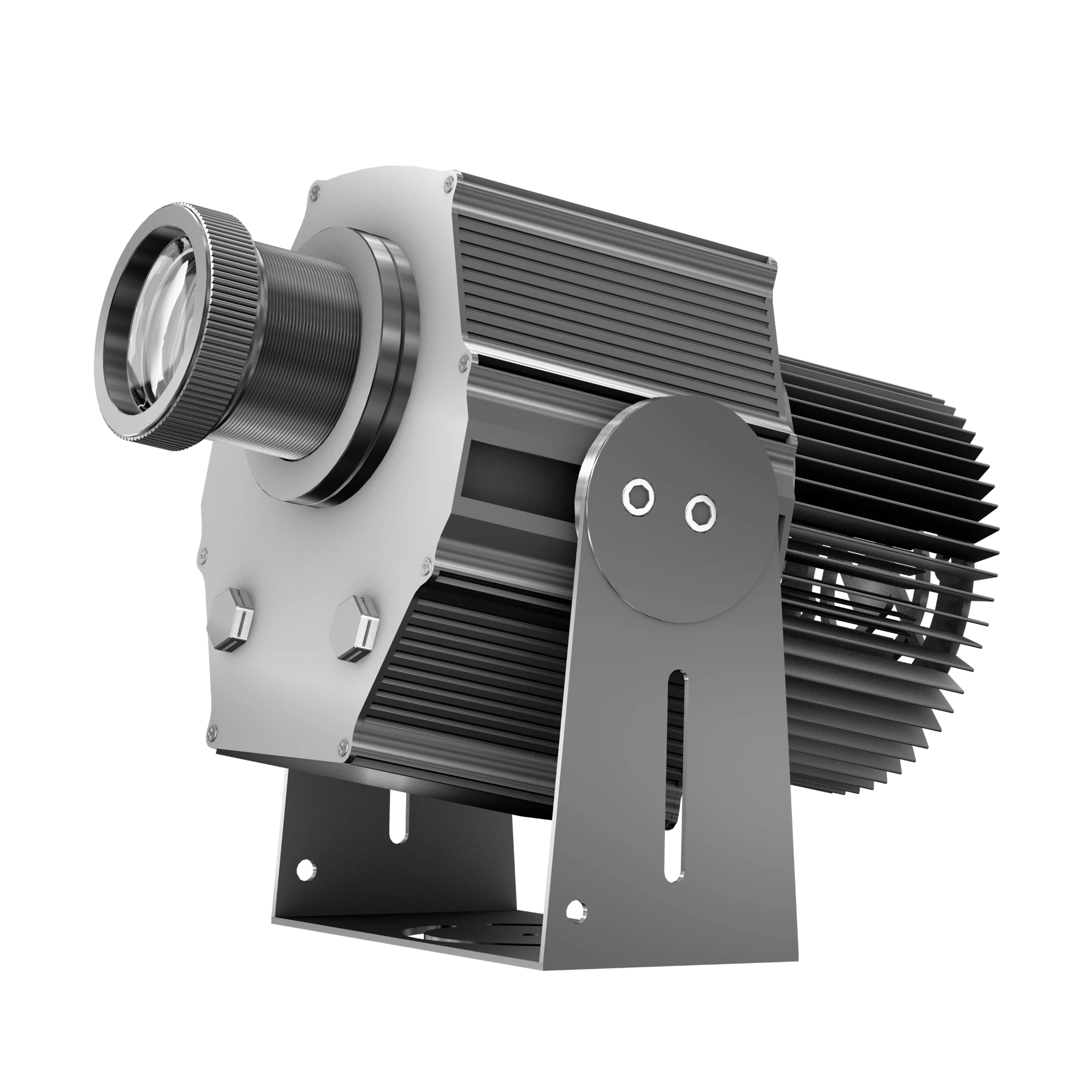 Infinity LY-Pro compact gobo projector, angled view with lens glass detail, gray and black two-tone finish