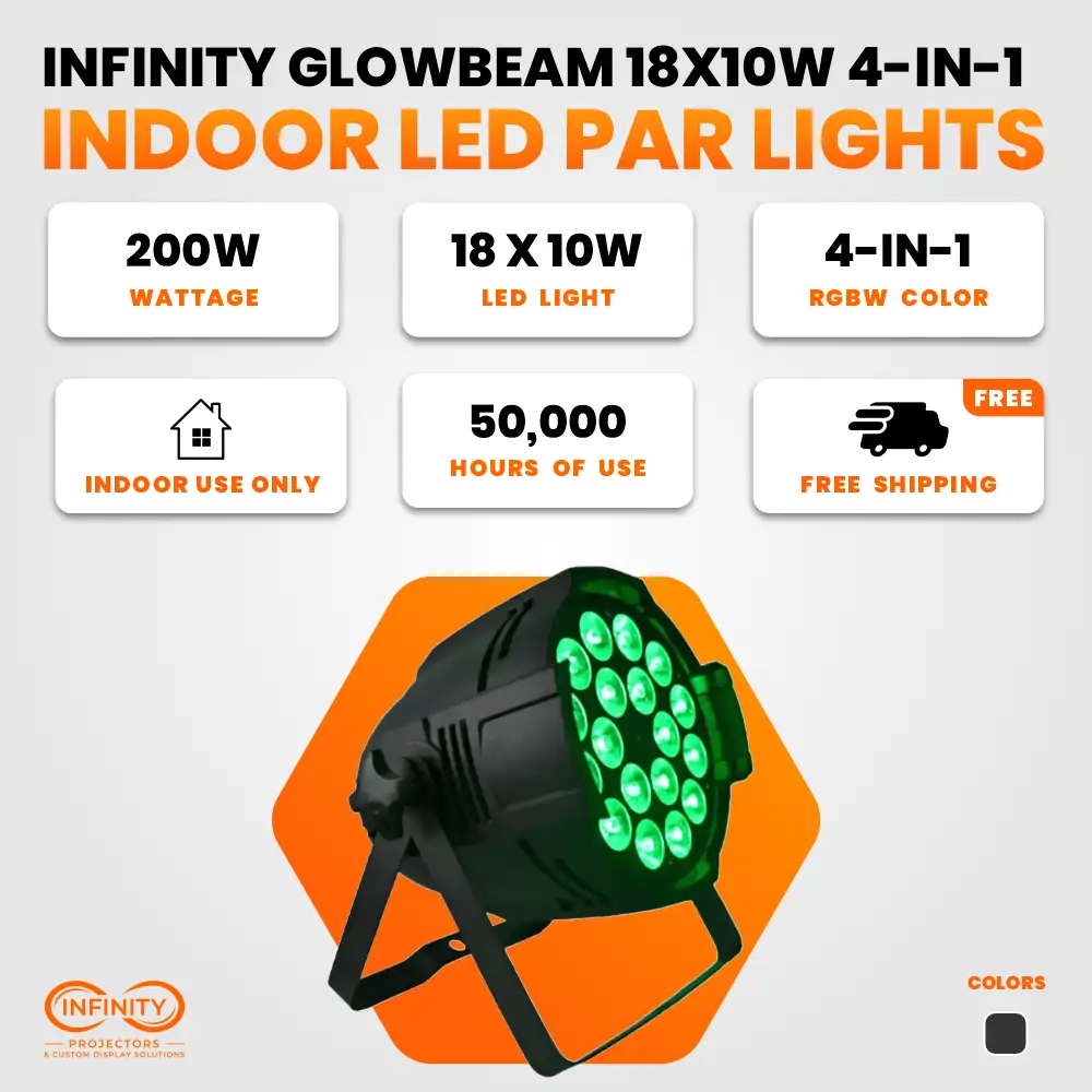 Feature card for indoor LED par light: 200W, 18x10W 4-in-1 RGBW LEDs, 50,000-hour life, free shipping