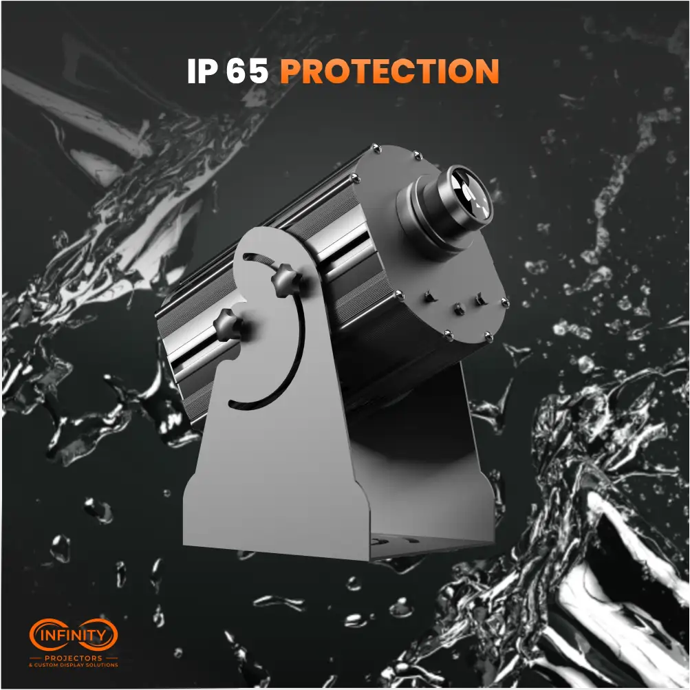 IP65-rated waterproof gobo projector surrounded by splashing water on a black background