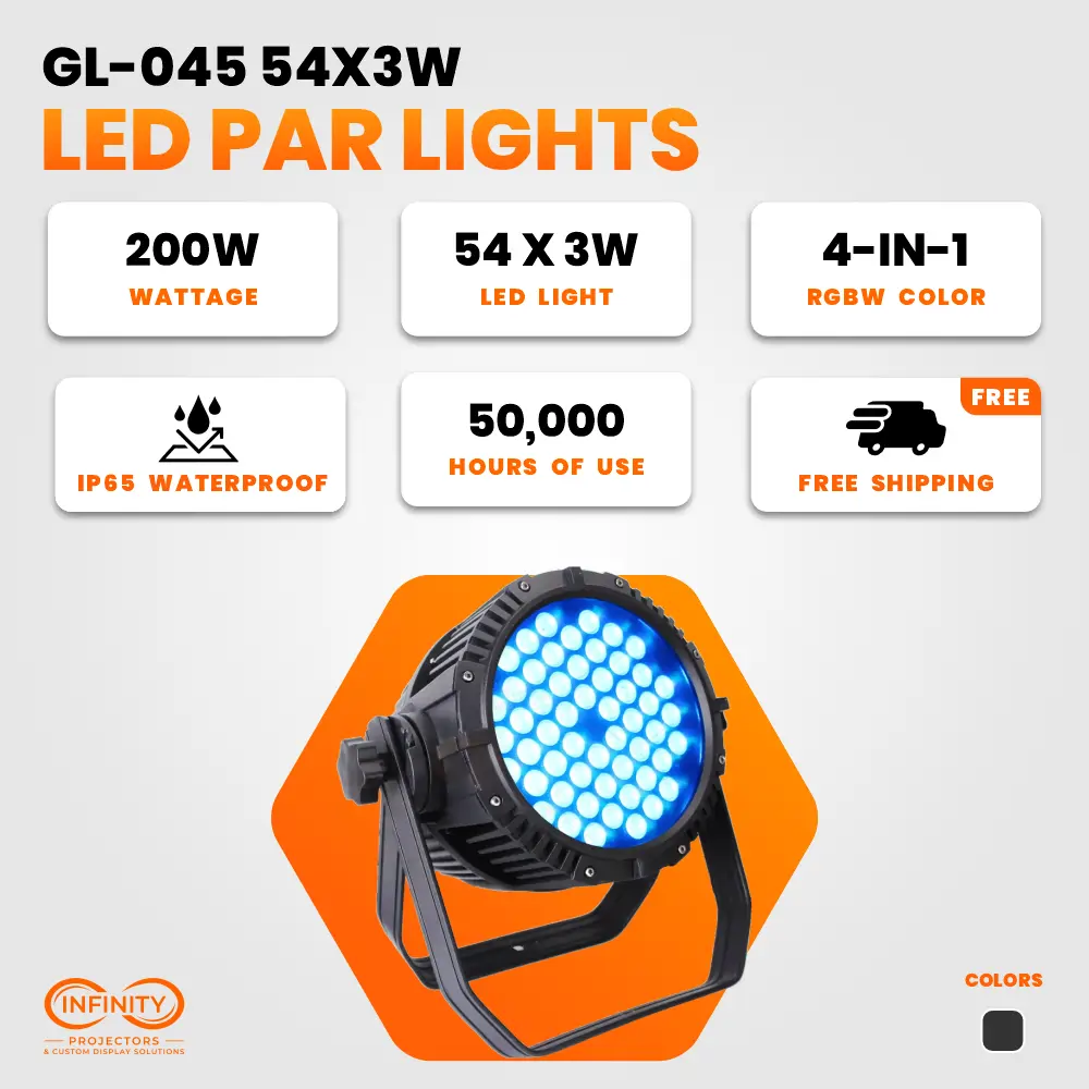 Spec card for the 54x3W outdoor LED par light: 200W, 4-in-1 RGBW, IP65 waterproof, 50,000-hour LEDs