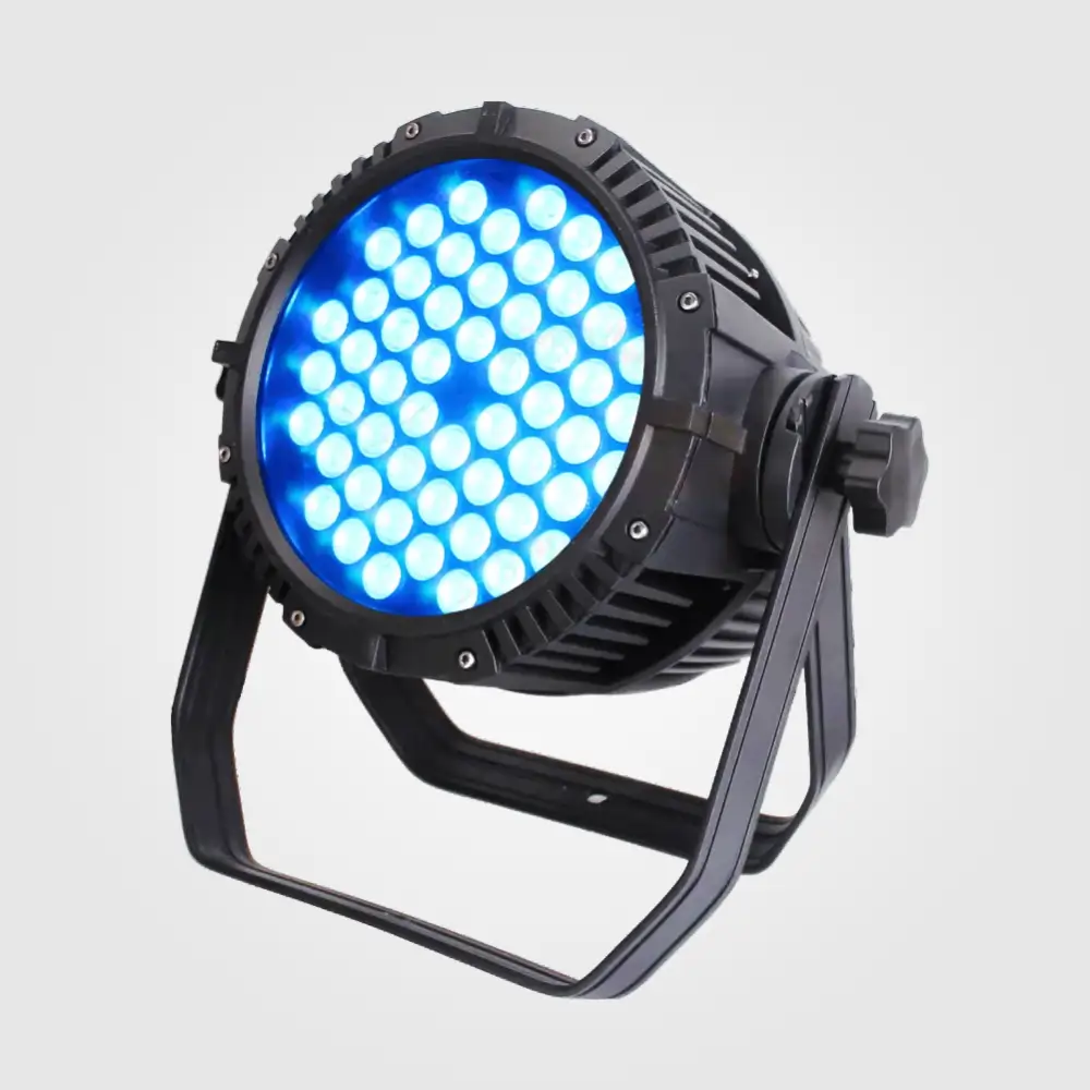Side view of the waterproof 54x3W LED par wash light with blue LEDs, ribbed housing and tilt adjustment knob