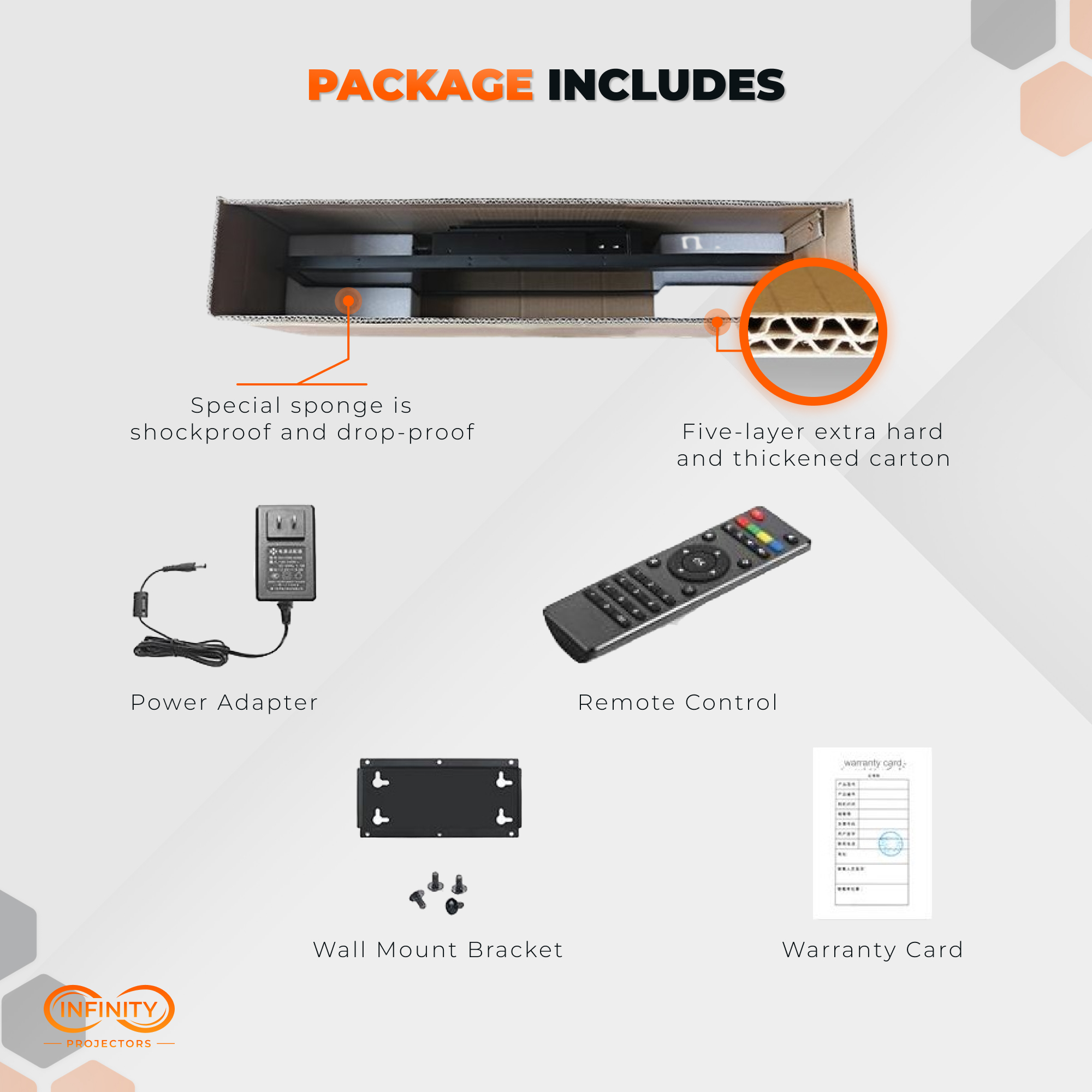 Package contents for the stretched bar display: power adapter, remote control, wall mount bracket and warranty card