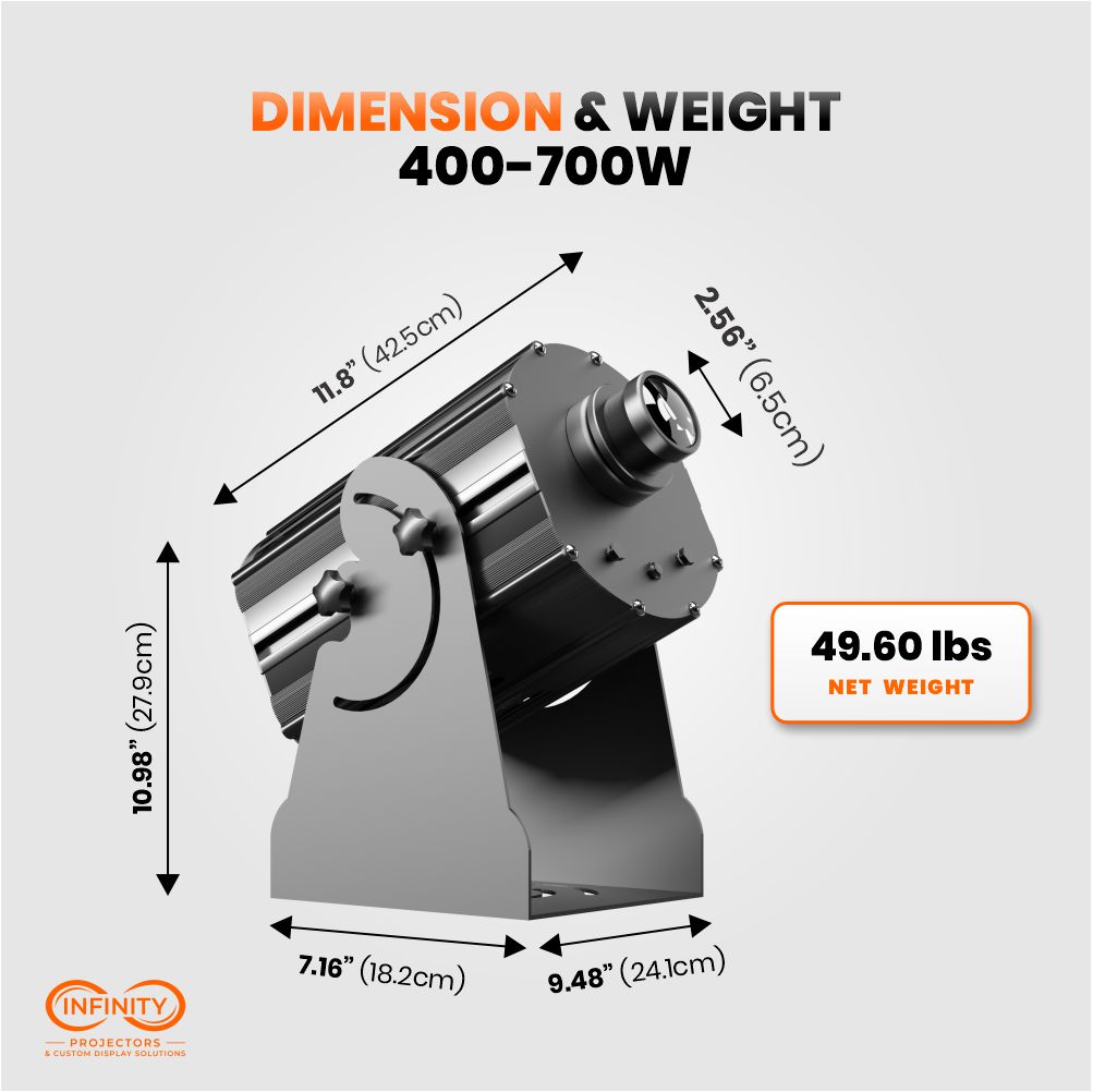 Dimension diagram of the 400–700W rotating gobo projector: 11.8 inches long, 49.60 lbs net weight