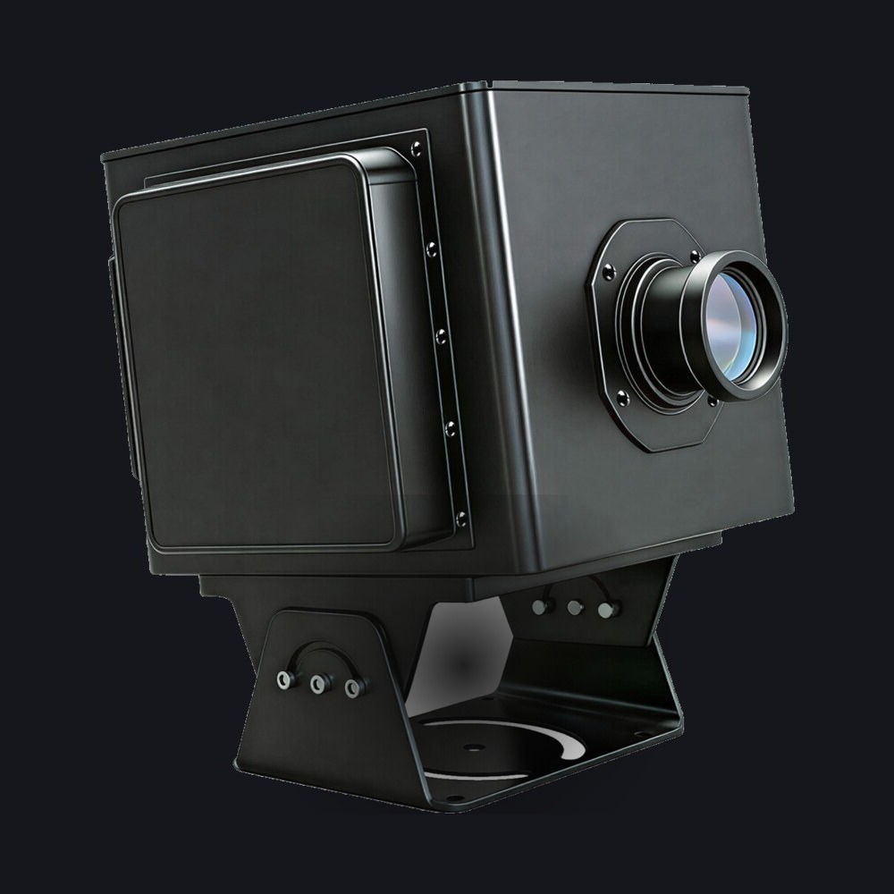 Titan outdoor logo projector on a black backdrop, cube housing with protruding lens and mounting stand