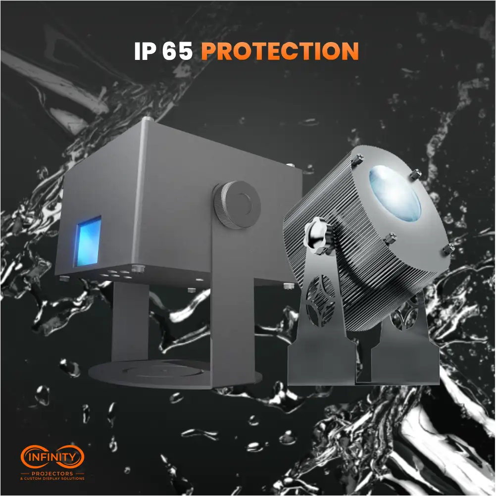 Starry Sky projector and controller unit amid splashing water, highlighting IP65 protection
