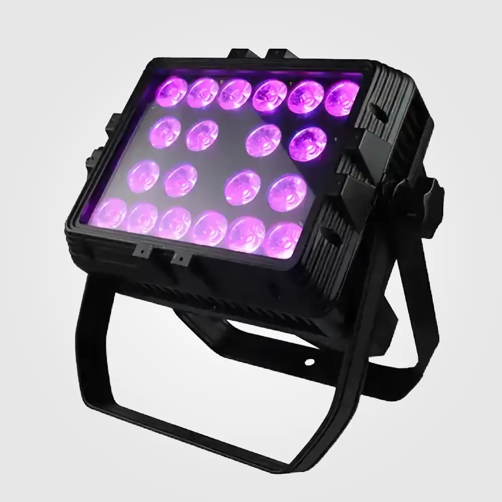 Angled front view of the waterproof square LED wash light with 20 purple-lit lenses and dual brackets