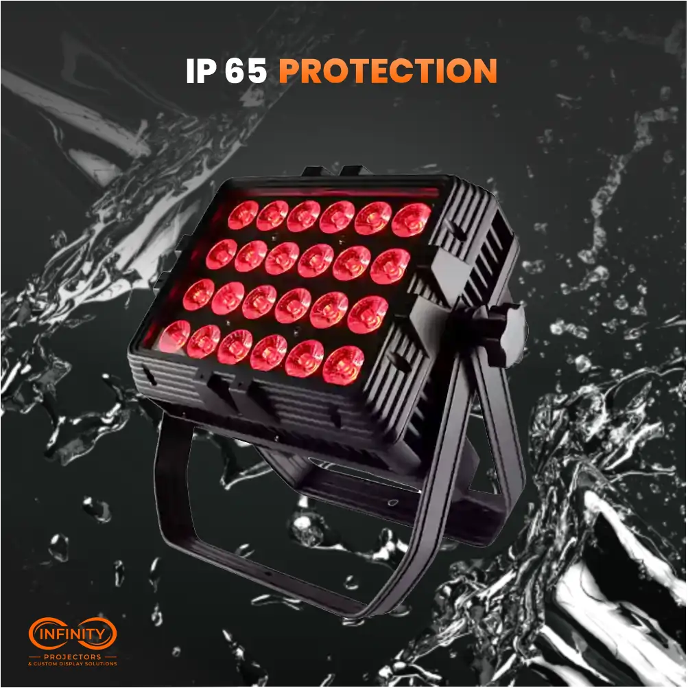 FX24 LED wash panel surrounded by water splashes highlighting its IP65 outdoor rating