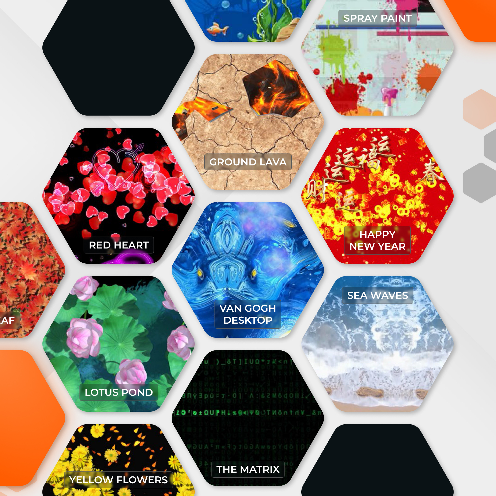 Game gallery tiles for the interactive floor projector: Red Heart, Ground Lava, Lotus Pond, Sea Waves and The Matrix
