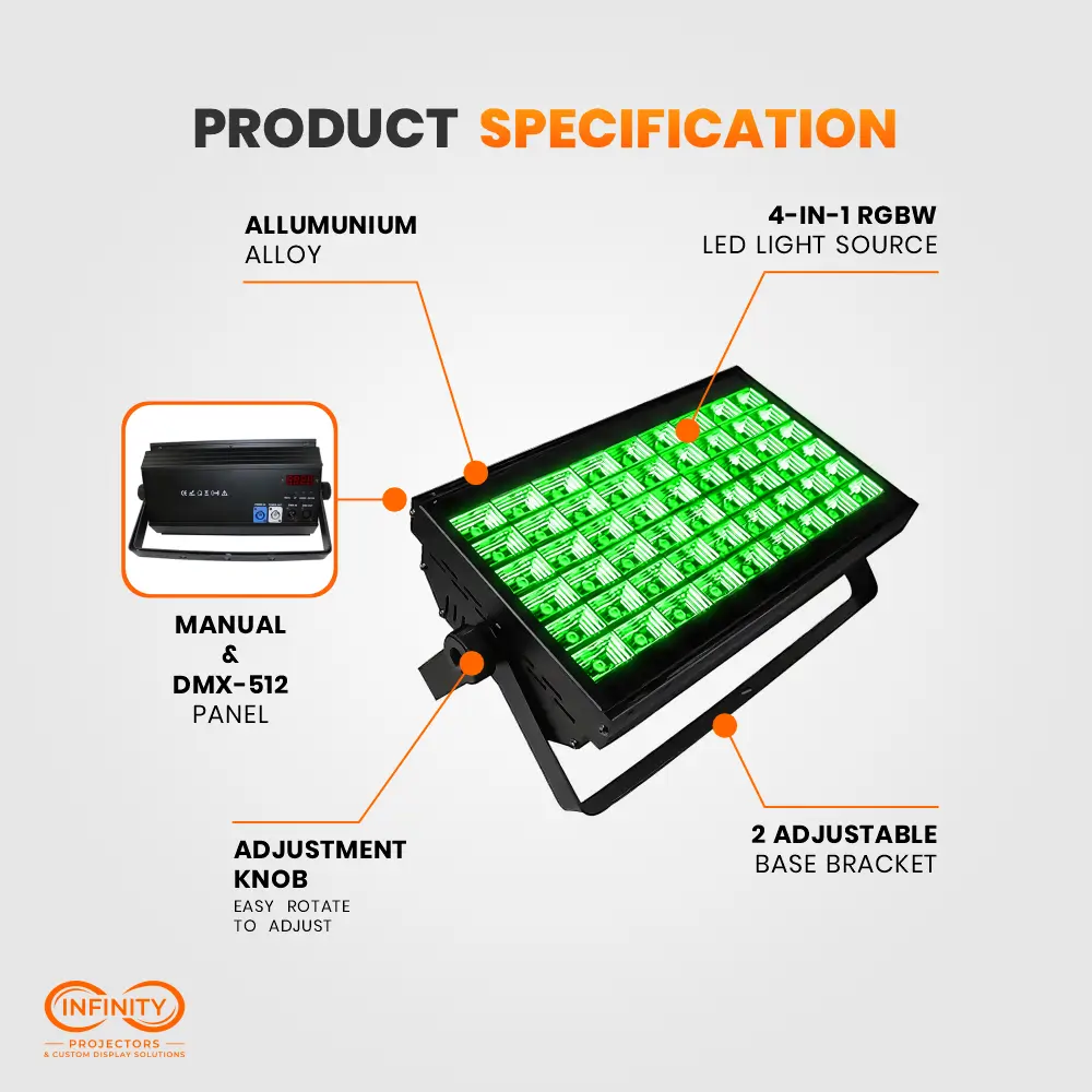 Spec callouts on the green-lit LED wash panel: aluminum alloy build, DMX-512 panel, and two adjustable base brackets