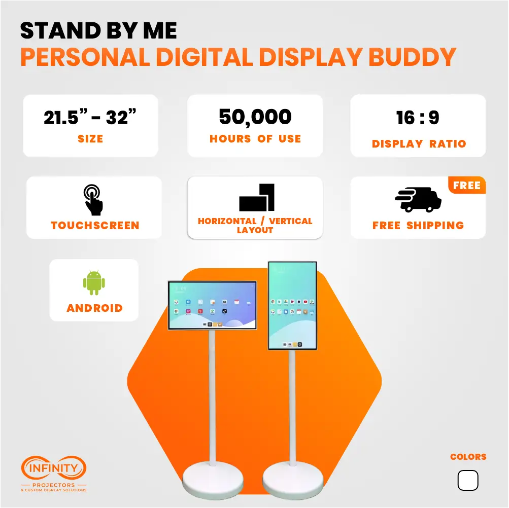 Stand By Me personal digital display infographic listing 21.5 to 32 inch touchscreen size and 16:9 ratio