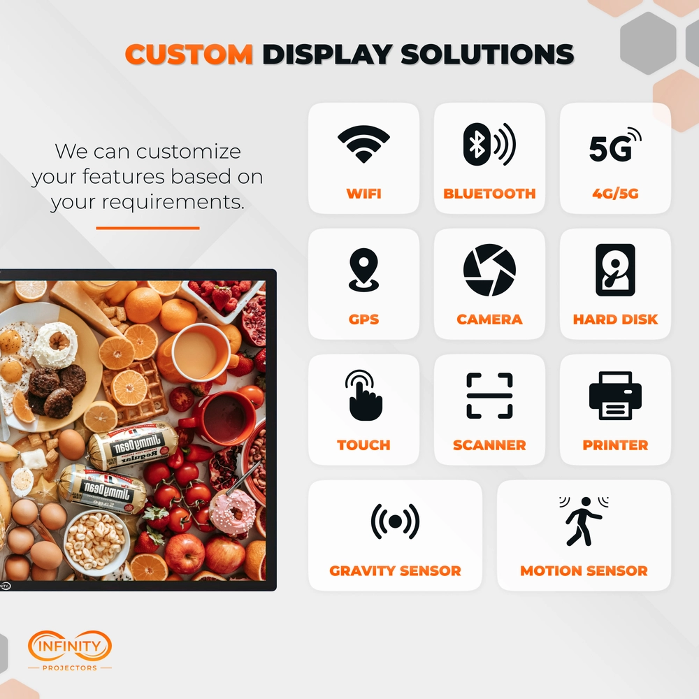 Custom display solutions icon grid covering WiFi, GPS, camera, touch, printer and motion sensor options