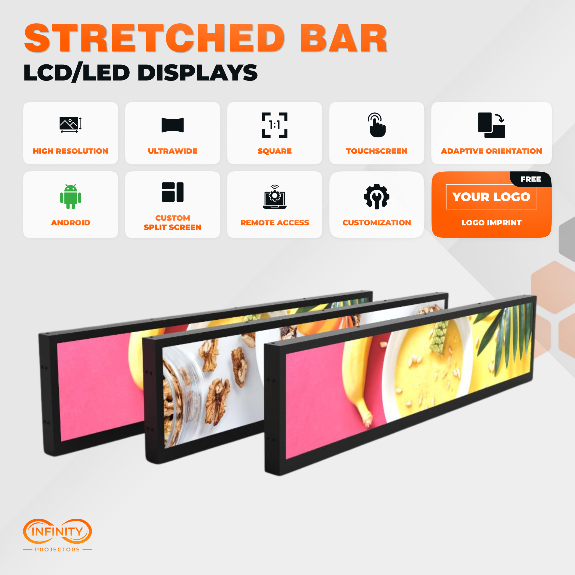 Feature overview of stretched bar LCD displays: touchscreen, split screen, remote access and free logo imprint
