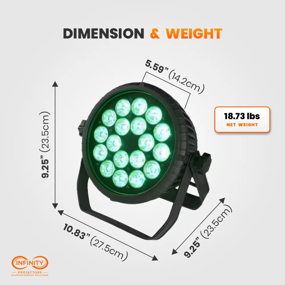 Dimension diagram of FX18 outdoor par light: 10.83 x 9.25 x 5.59 inches, 18.73 lb net weight