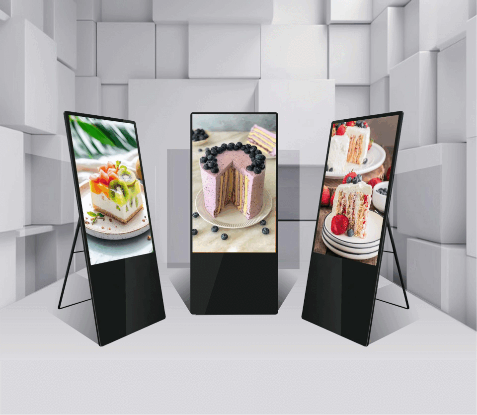 Three portable signage displays showing dessert ads side by side in a studio setting