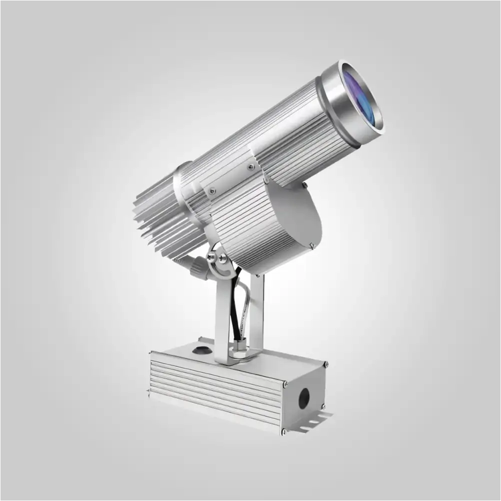 Indoor custom gobo projector studio view with finned aluminum body, adjustment arm and power supply base