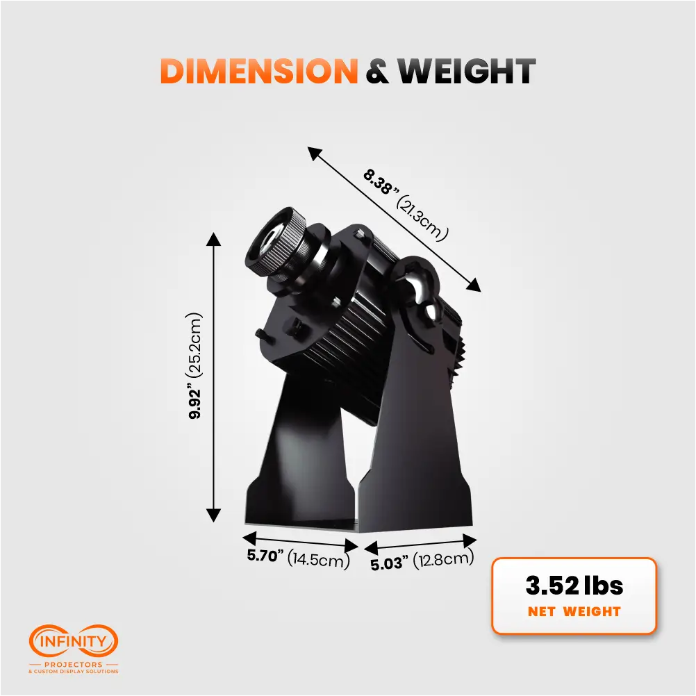 Dimension and weight diagram of walking light gobo projector, 9.92 in tall on bracket, 3.52 lb net