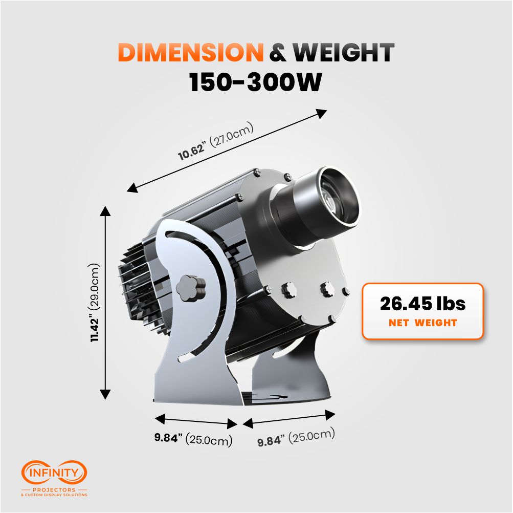 Dimension diagram of the 150–300W rotating gobo projector: 10.62 inches long, 26.45 lbs net weight