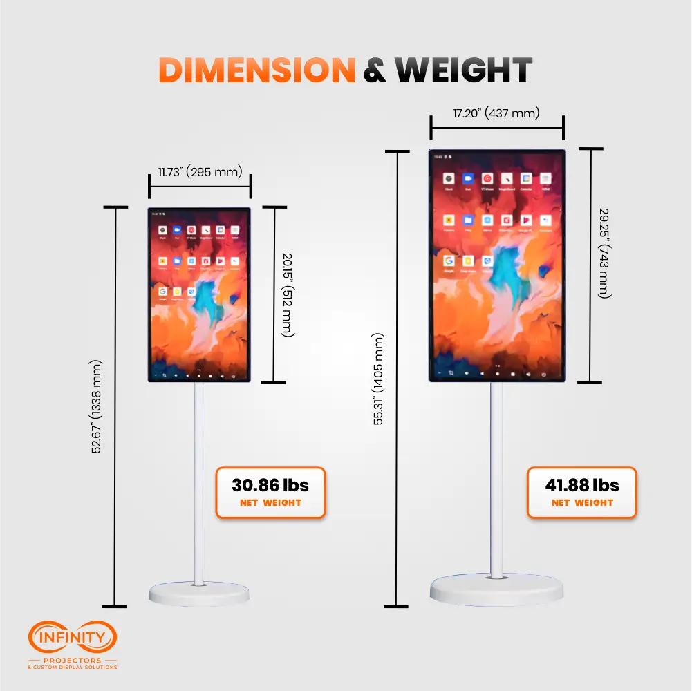 Dimension and weight chart for the 21.5 and 32 inch portable touchscreen display stands with net weights