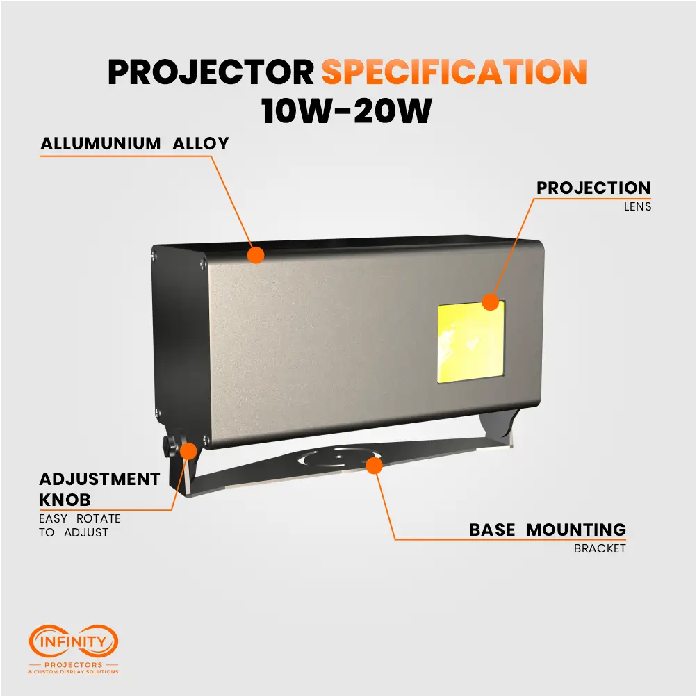Spec callouts on 10W-20W box-style Firefly laser projector with lens window and mounting bracket
