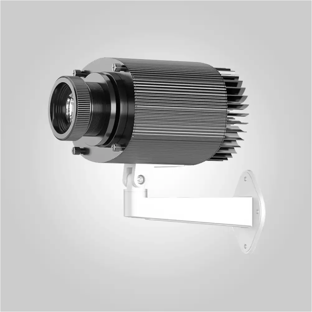 ExtendArm outdoor logo projector viewed from the lens side, mounted on its white extension arm and wall plate