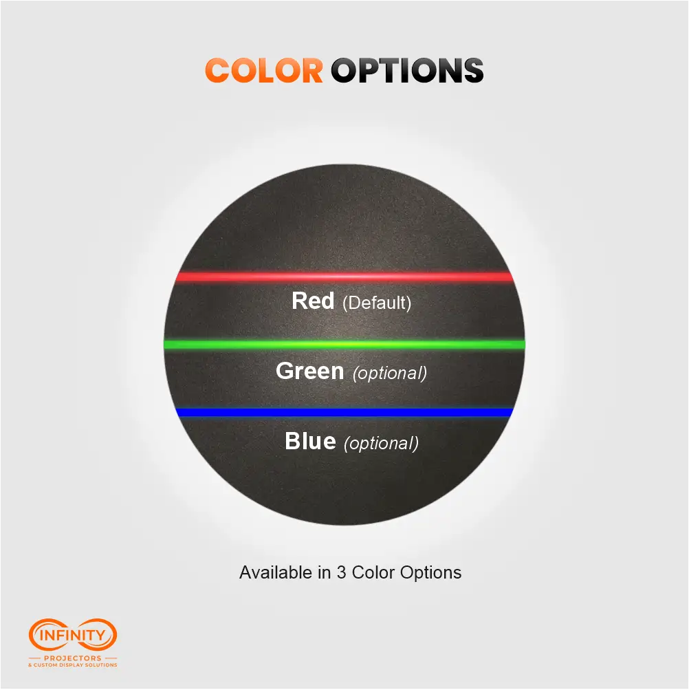 Red, green, and blue laser line color options for the safety line projector shown on a dark floor