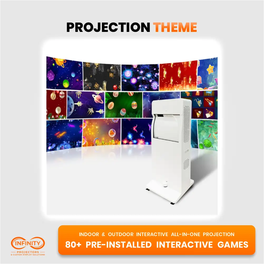 Interactive floor projector tower shown with a curved wall of colorful built-in game and holiday themes