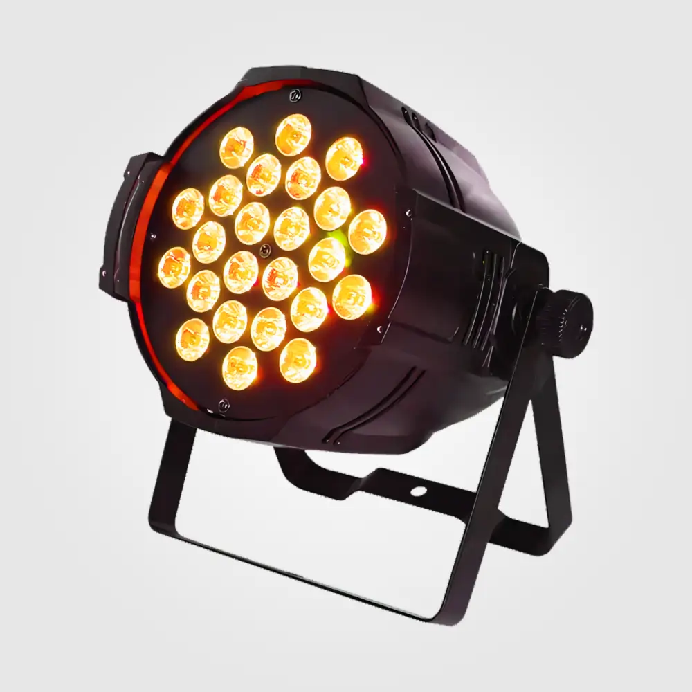 Left-side view of the 6-in-1 LED par light showing amber-lit lenses, vented black housing, and floor stand