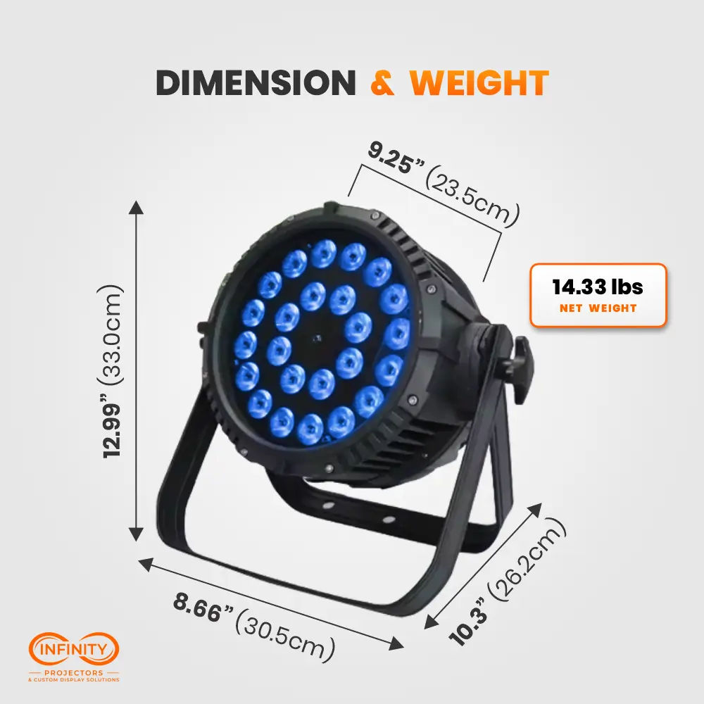 Size chart of the 24x12W LED par light: 12.99 in tall, 9.25 in lens face, 14.33 lb net weight