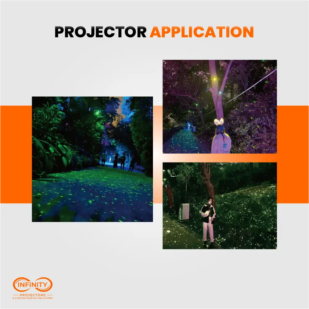 Firefly laser projector in use at night, scattering firefly-like dots across garden paths and trees