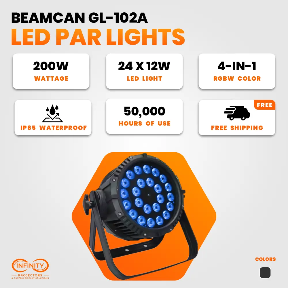 Spec card for the 24x12W outdoor par can: 200W, 4-in-1 RGBW color, IP65 waterproof, free shipping