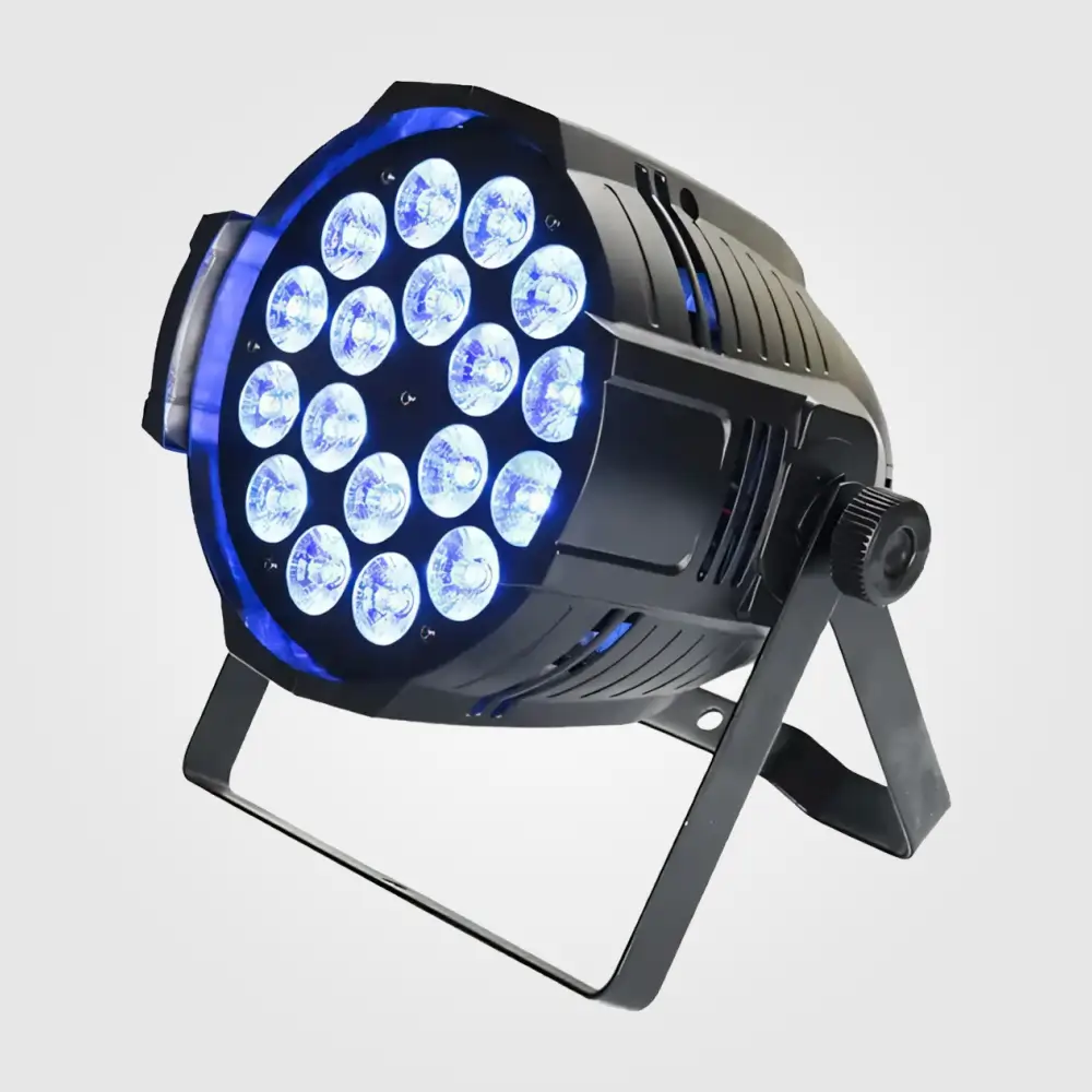 Angled left view of the LED par can uplight glowing blue with side adjustment knob visible