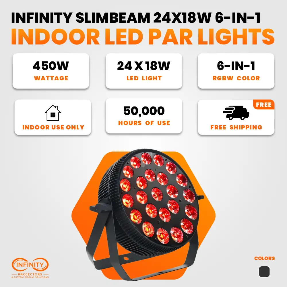Feature card for the indoor LED par light: 450W, 24x18W LEDs, 6-in-1 color, 50,000-hour lifespan, free shipping