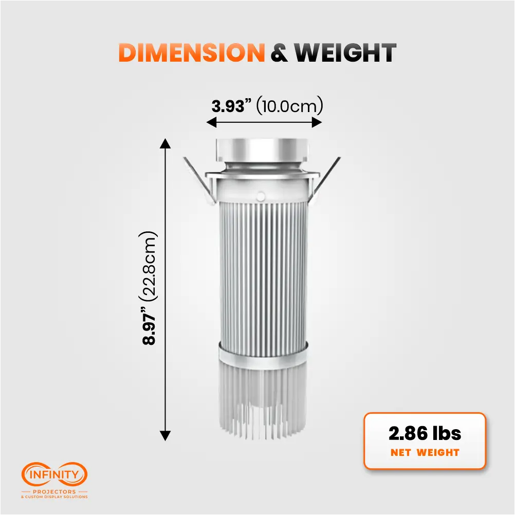 Dimension diagram of the slim embedded gobo projector: 3.93 in wide, 8.97 in tall, 2.86 lb net weight