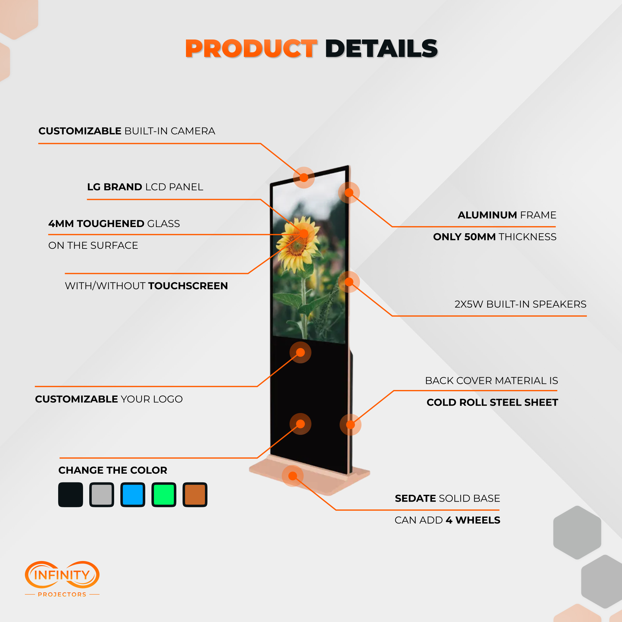 Product details diagram of the floorstanding kiosk noting toughened glass, built-in speakers and frame colors