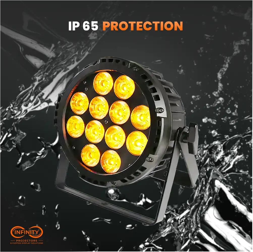 Waterproof 12-lens LED par can glowing amber against splashing water, highlighting its IP65 outdoor rating