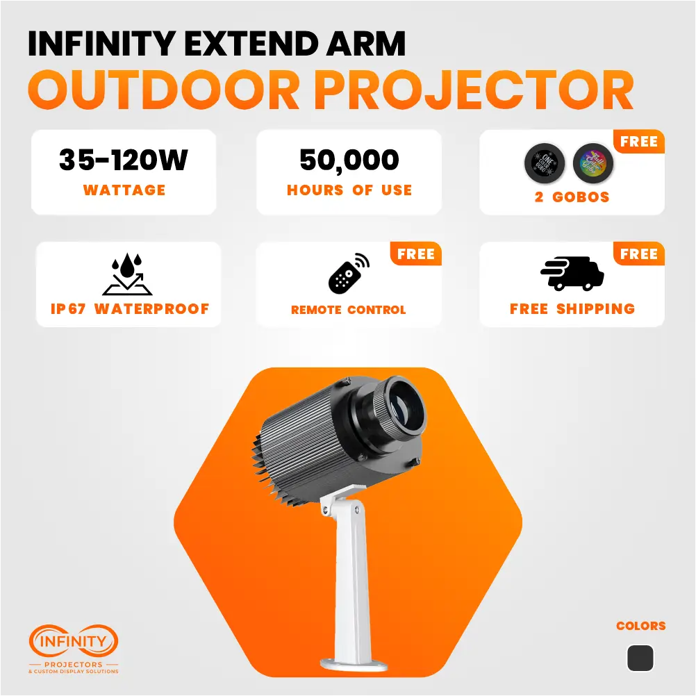 ExtendArm outdoor projector feature card: 35-120W, 50,000 hours, IP67, free remote, gobos and shipping
