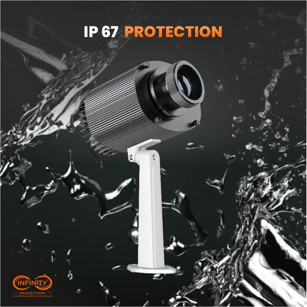IP67 protection graphic with water splashes around the ExtendArm outdoor gobo projector on its white mount