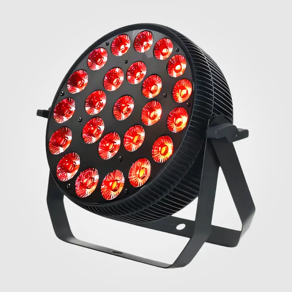Side-angle view of the slim indoor LED par can with all 24 lenses lit red and finned housing visible