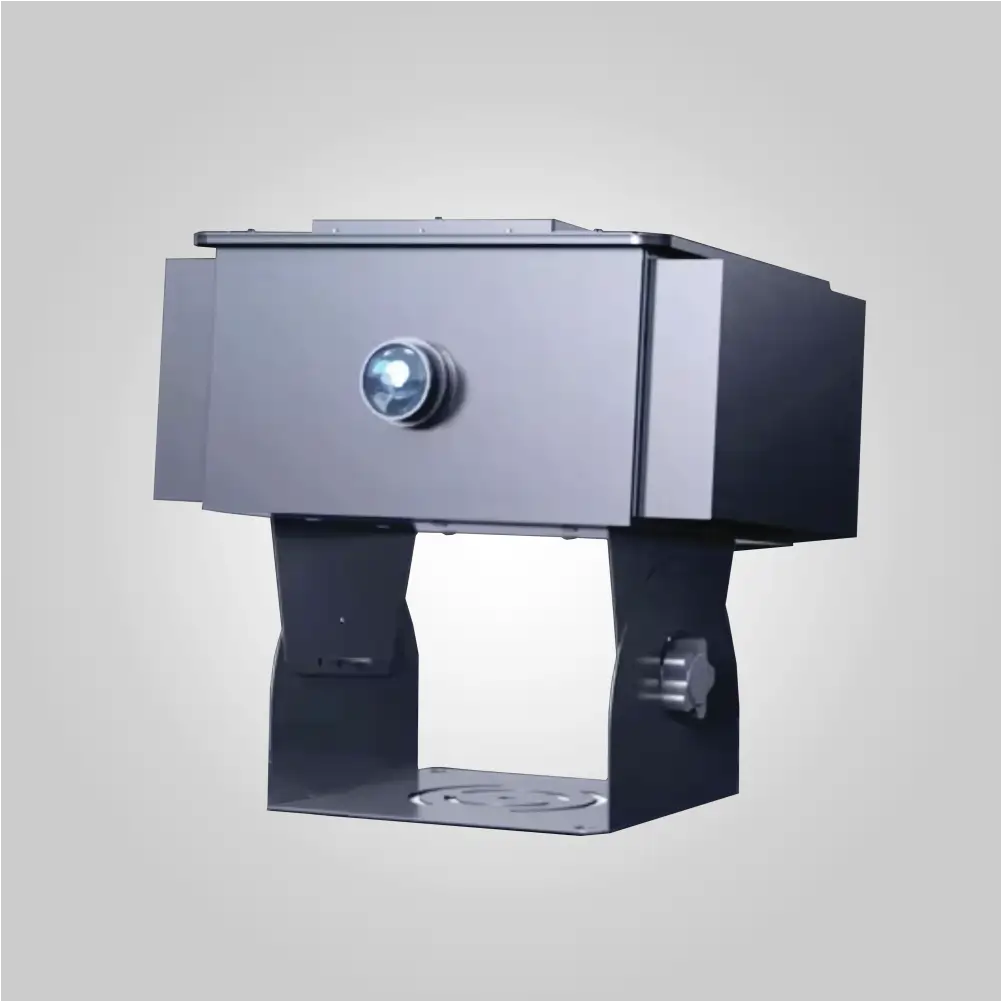 Angled view of the 1500W outdoor logo projector showing zoom lens, side panels and adjustment knob