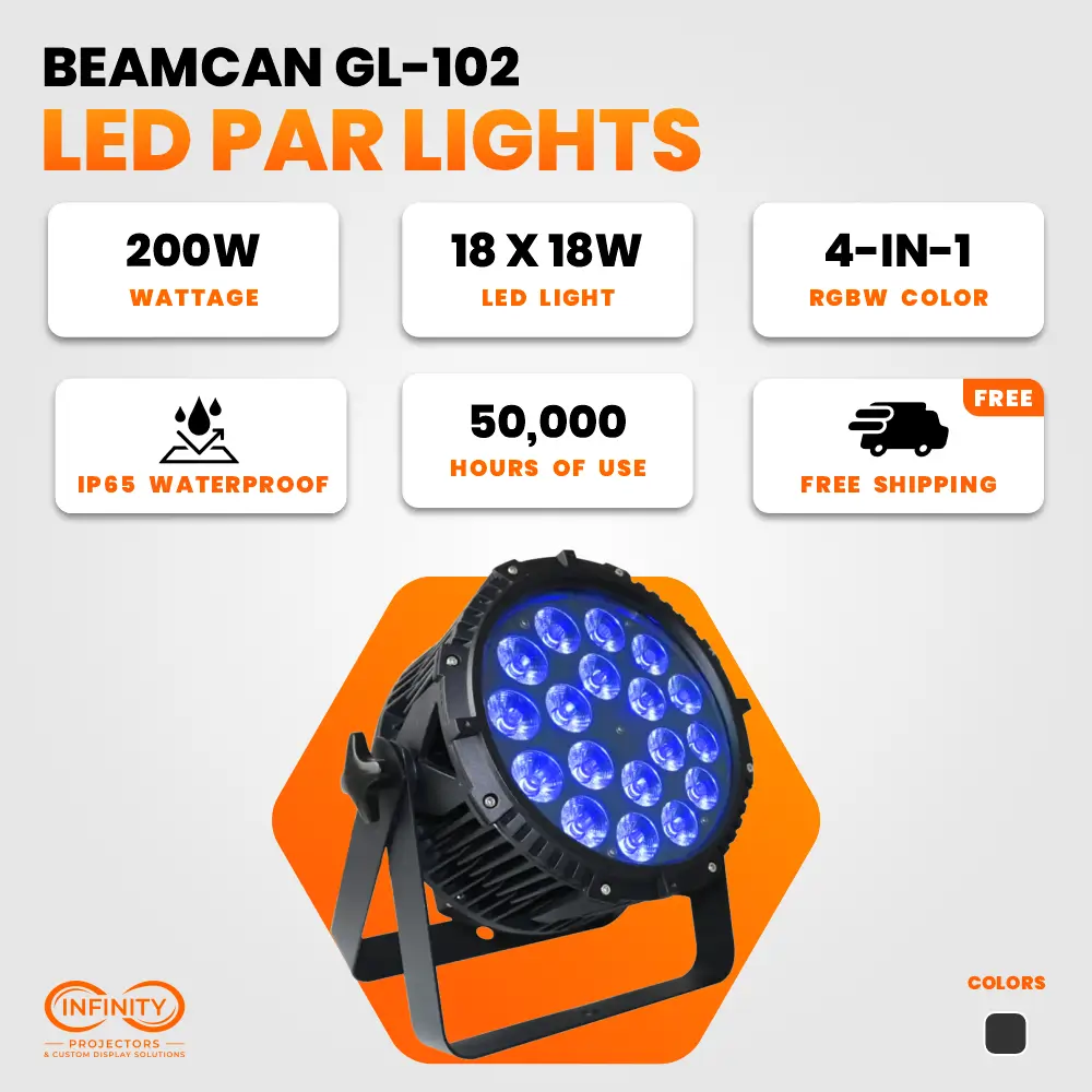 Spec card for BeamCan GL-102 par can: 200W, 18x18W RGBW LEDs, IP65 rating and free shipping