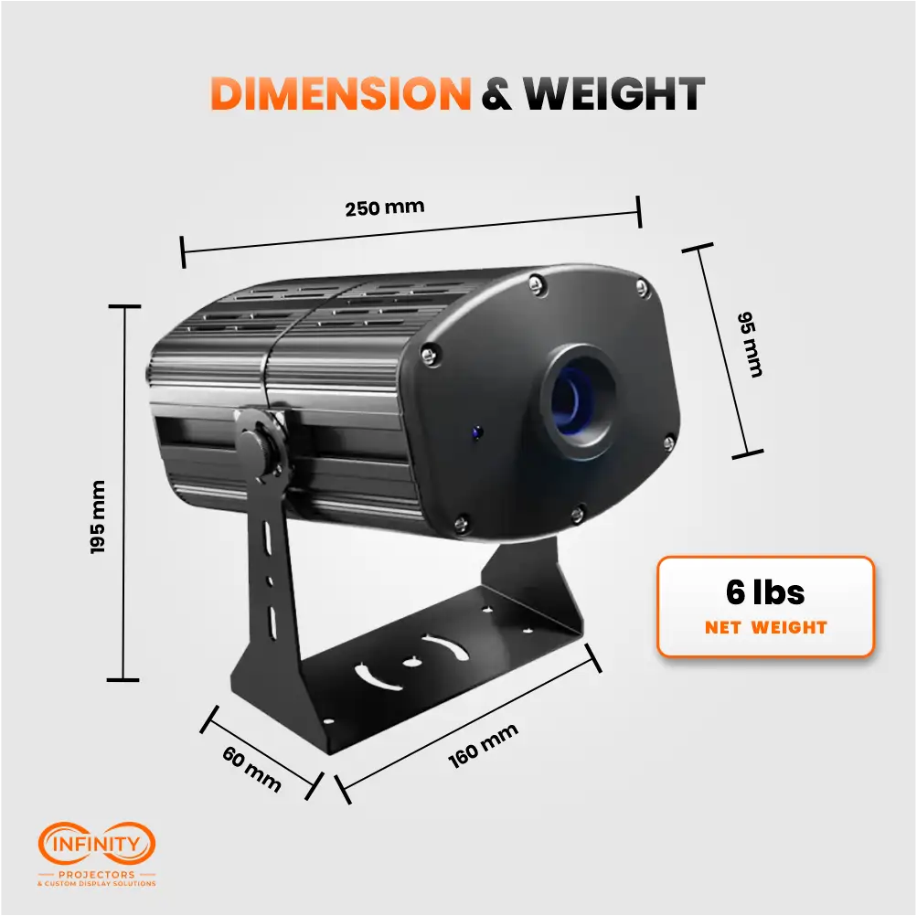 Dimension diagram of the indoor video projector: 250 mm long, 195 mm tall with bracket, 6 lbs