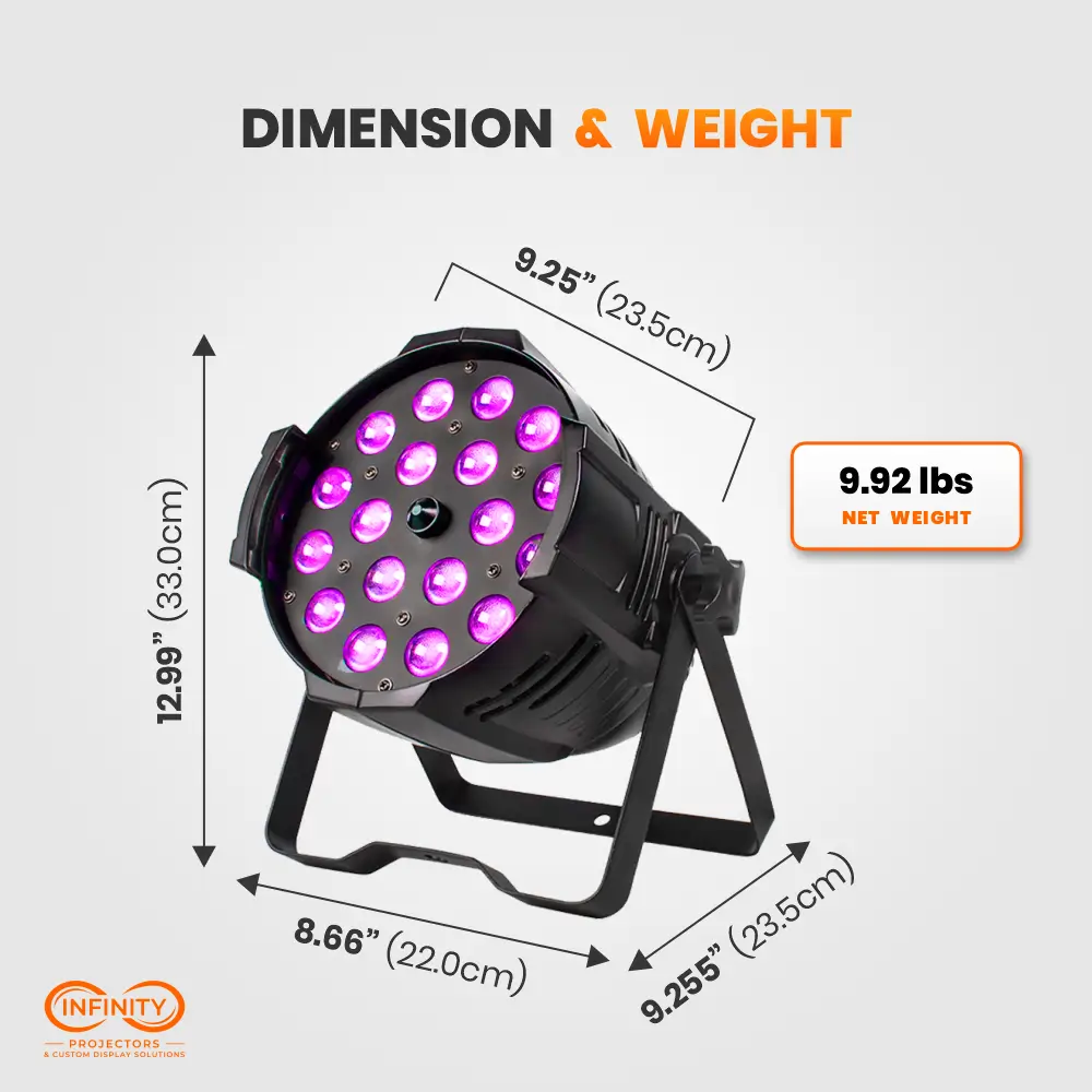 Dimension diagram of the zoom LED par light: 12.99 by 9.25 by 8.66 inches and 9.92 lb net weight