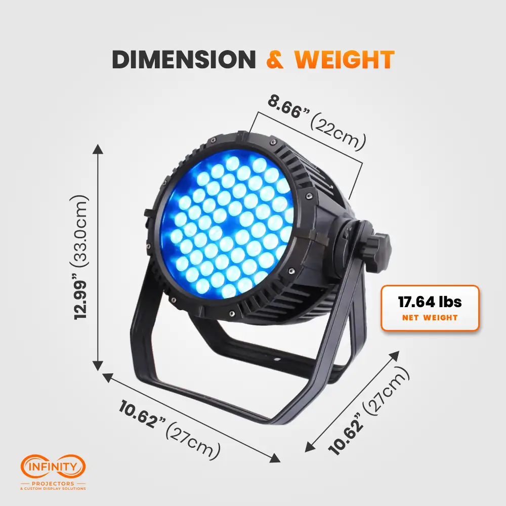 Dimension diagram of the 54x3W LED par can: 12.99 in tall, 10.62 in wide, 17.64 lb net weight