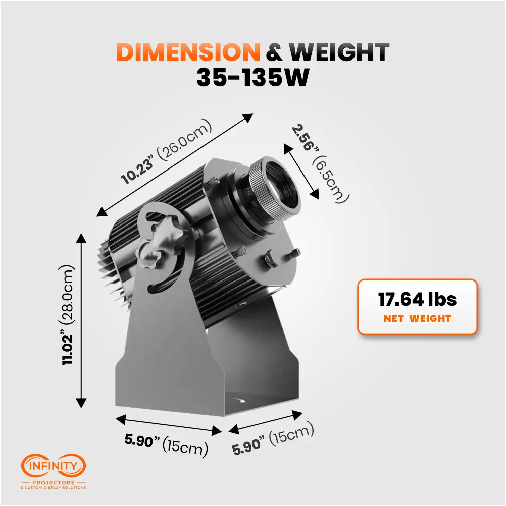 Dimension chart for the 35-135W rotating gobo projector, 10.23 by 11.02 inches, 17.64 lbs
