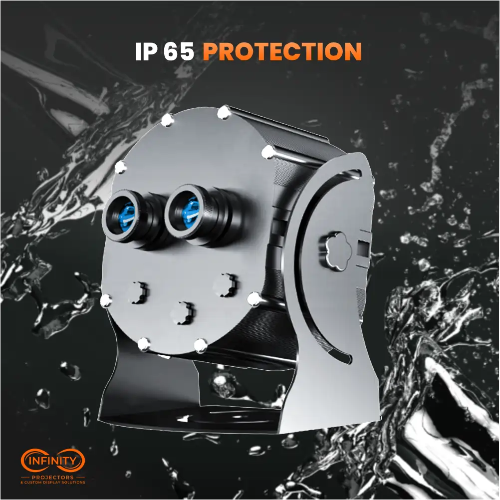 Round-body dual lens gobo projector splashed with water, highlighting its IP65 weatherproof rating