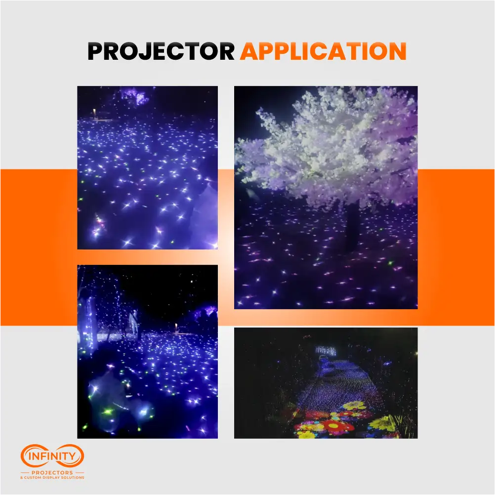 Starry Sky projector in use at night, casting star-like sparkles over gardens, a path and a blossom tree